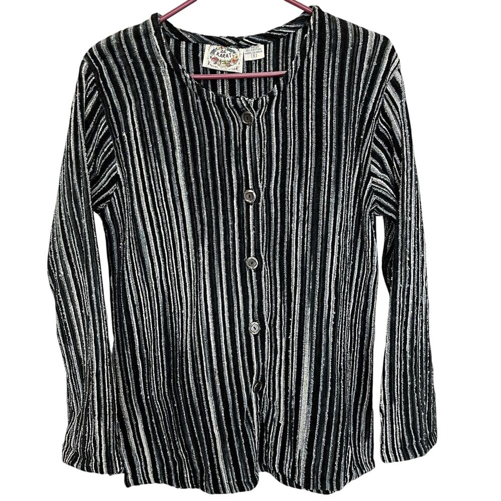 24 Karat | Vintage Hippie Boho Stripe Knit Cardigan Sweater Button Small Black